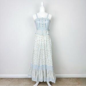Vintage 1970s Gunne Sax Blue Gingham Floral Patchwork Sleeveless Prairie Dress